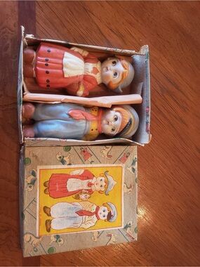 Antique Dutch Boy And Girl Porcelain Dolls 5” Tall, 1920’s Japan Original Box